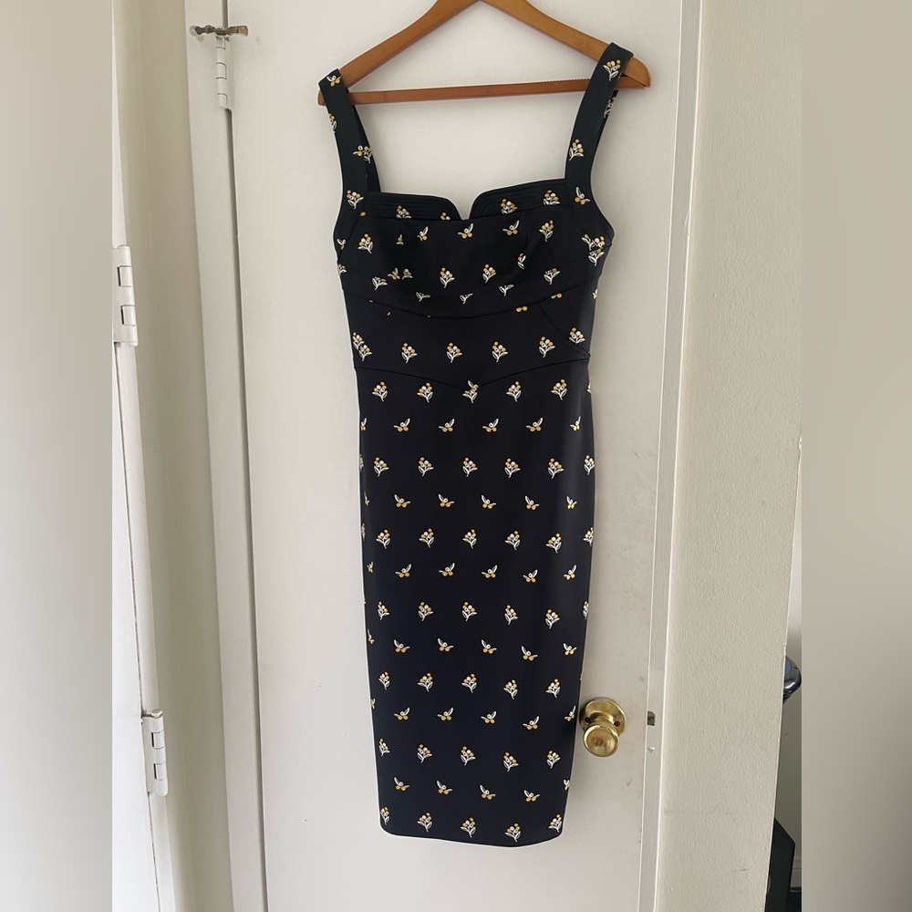 Karen Millen Women’s Black Midi Dress Sleeveless size 6 floral print elegant
